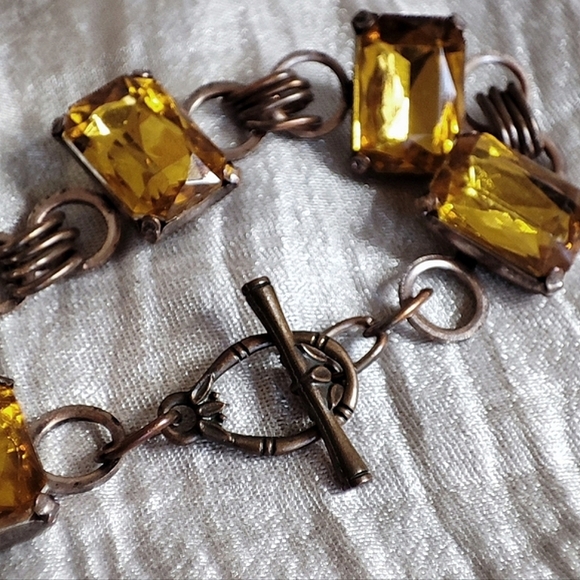 Vintage Link Bracelet Golden Honey Topaz Emerald Cut Stones Toggle Clasp - Picture 9 of 11